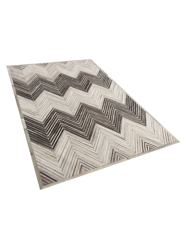Grå Læder Tæppe 160 x 230 cm Zigzag Sildeben Patchwork håndvævet til Stue Soveværelse Moderne Stil