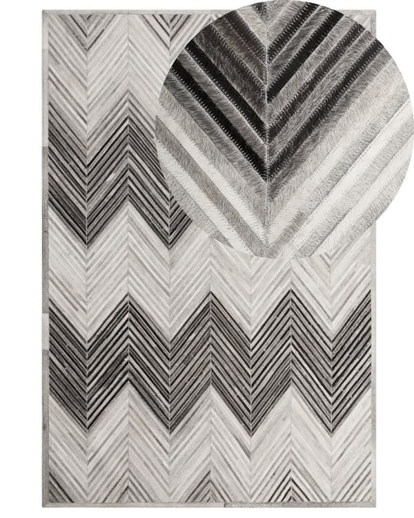 Grå Læder Tæppe 160 x 230 cm Zigzag Sildeben Patchwork håndvævet til Stue Soveværelse Moderne Stil