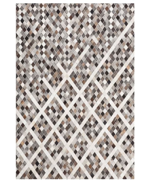 Gulvtæppe Grå Brun Flerfarvet Læder og Filt 160 x 230 cm Rektangulær Geometrisk Patchwork Koskind Rombe Mønster Stue Soveværelse Indretning
