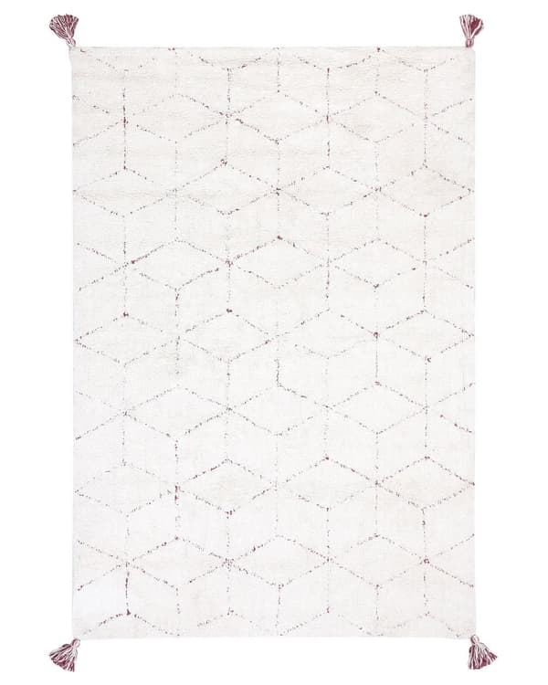 Område Tæppe Hvidt Bomuld Shaggy 140 x 200 cm Rødt geometrisk mønster