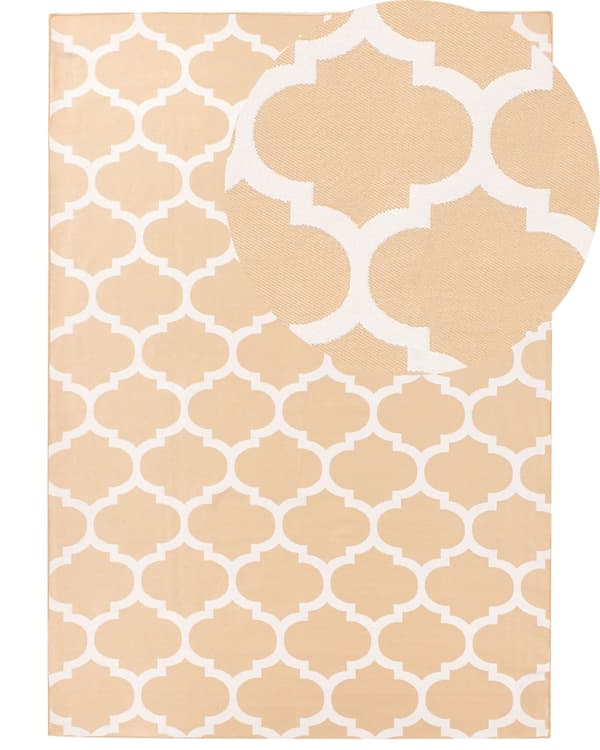 Gulvtæppe Hvid og Beige Polyester 160 x 230 cm Rektangulær Håndvævet Marokkansk Espalier Firkløver Indendørs Udendørs Oriental Indretning