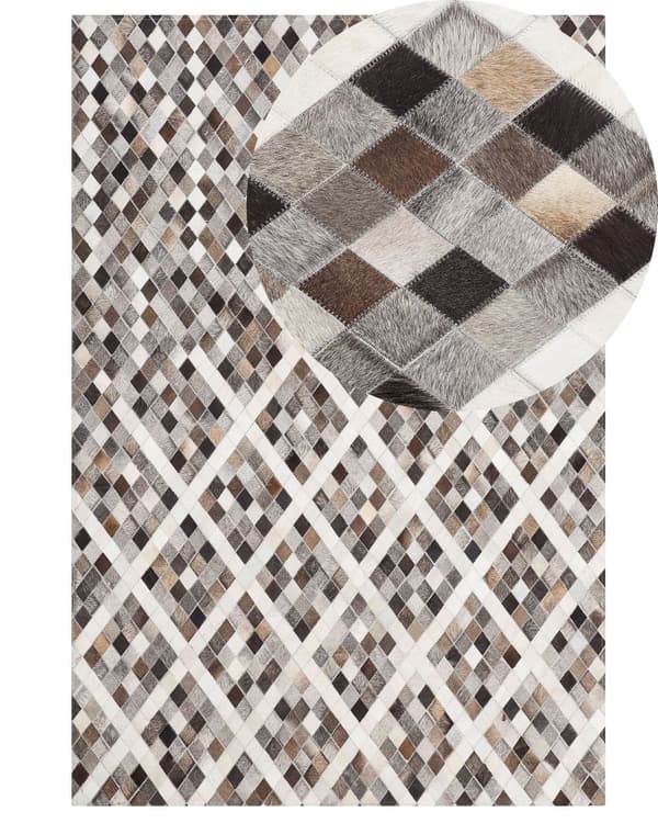 Matto harmaa ruskea lehmännahka 160 x 230 cm käsintehty geometrinen kuvio suorakulmio industriaalinen