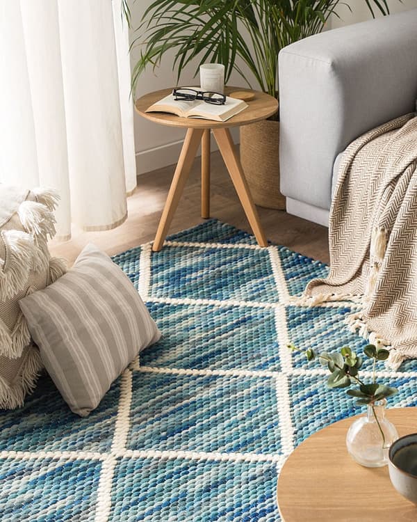 Blåt Uldtæppe 140 x 200 cm Geometrisk Mønster Håndvævet Boho Stil