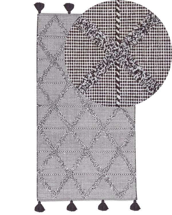 Bomuldsbrunt tæppe 80 x 150 cm geometrisk mønster med sorte frynser