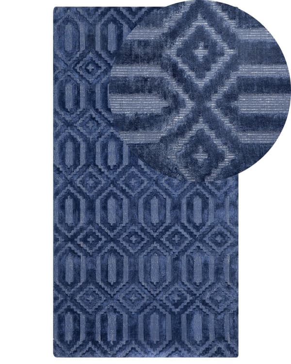 Matta Mörkblå Viskos Bomull 80 x 150 cm Geometriskt Mönster Modern Design Handvävd Sovrum Vardagsrum