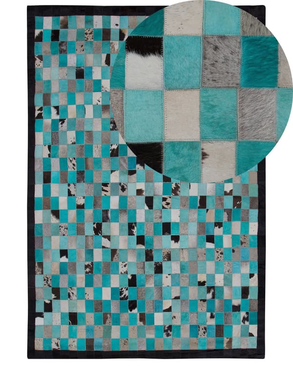 Matta Turkos och Grå Läder Rutig 160 x 230 cm Modern Eklektisk