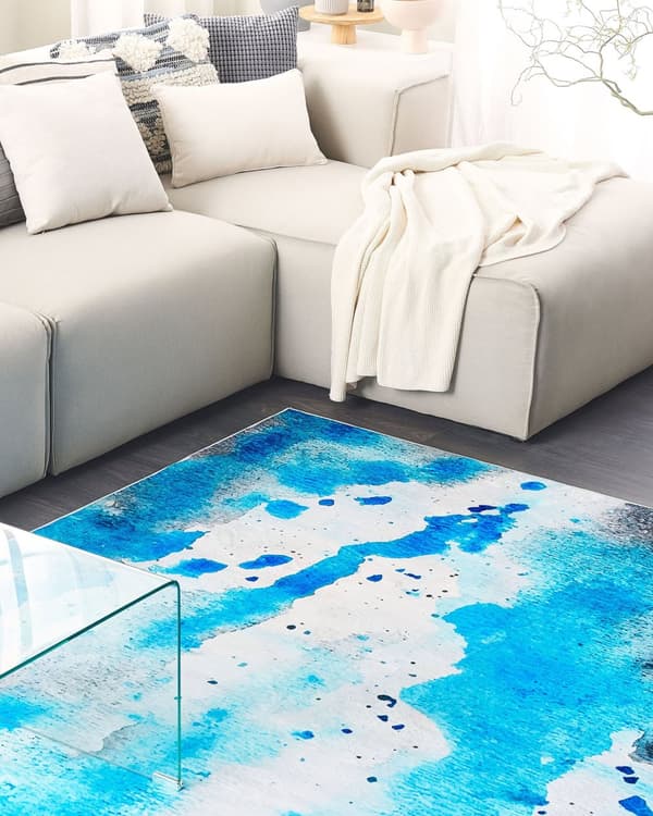 Gulvtæppe Blå Polyester Flerfarvet 140 x 200 cm Abstrakt Mønster af Spildt Akvarel Maling Pletter Mønster til Børneværelse Nem Vaske Rense