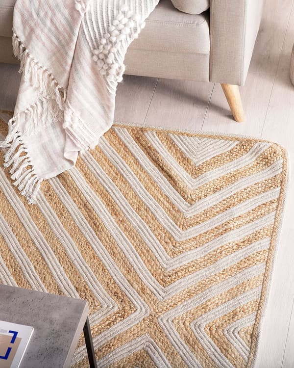 Gulvtæppe Beige Bomuld Jute Natur 140 x 200 cm Dekorativ Løs Fladvævet Mønstret Tæppe til Indendørs Rustik Boho til under Sofabord Entré