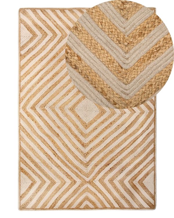 Gulvtæppe Beige Bomuld Jute Natur 140 x 200 cm Dekorativ Løs Fladvævet Mønstret Tæppe til Indendørs Rustik Boho til under Sofabord Entré