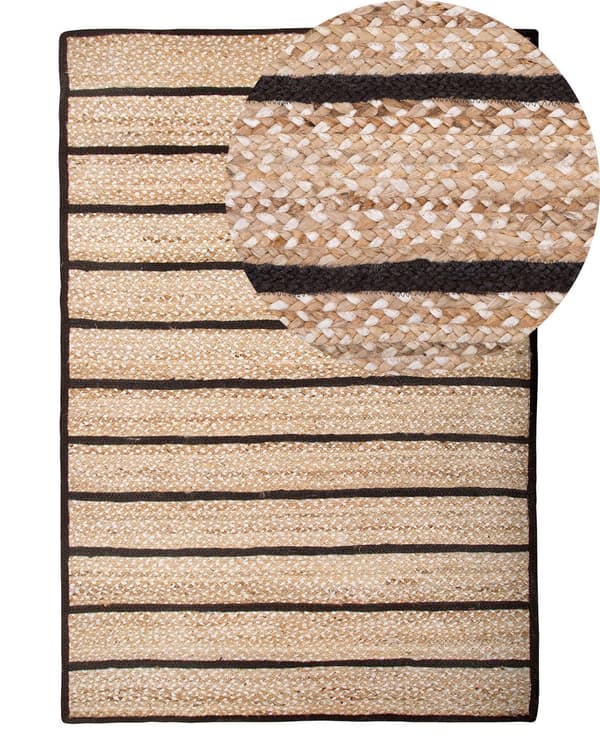 Gulvtæppe Beige Sorte Jute Bomuld 140 x 200 cm Dekorativ Fladvævet Løs Flet Jutetæppe til Sofa Bæredygtig Natur Boho Soveværelse Tilbehør