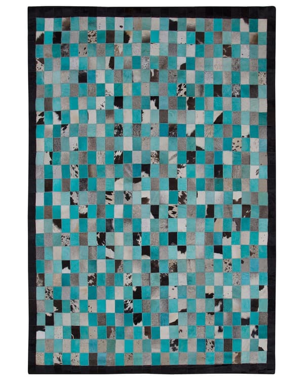 Gulvtæppe Blå Sort Grå Læder og Filt 140 x 200 cm Fladvævet Tæppe Patchwork Koskind Ternet Pixeleret Effekt Moderne Lædertæppe til Stuen