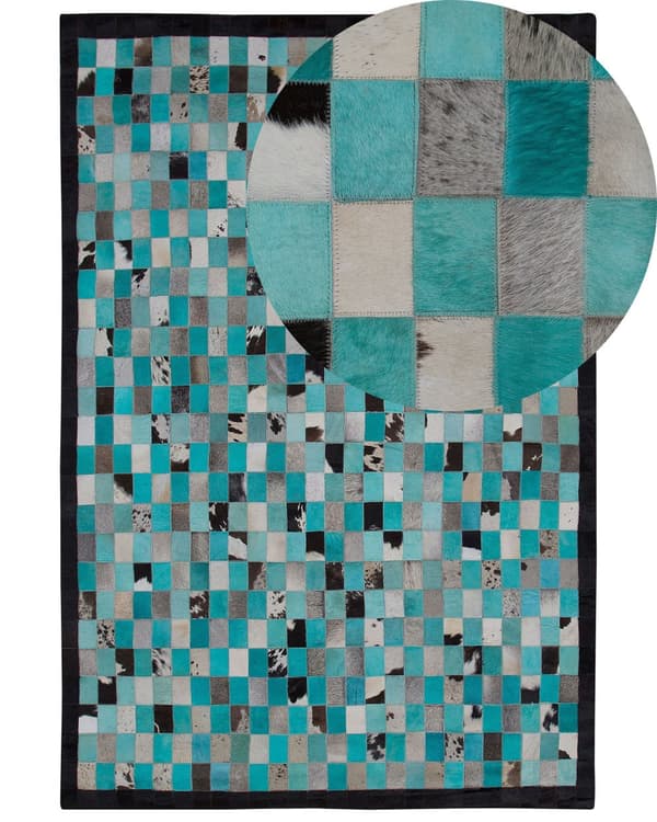 Gulvtæppe Blå Sort Grå Læder og Filt 140 x 200 cm Fladvævet Tæppe Patchwork Koskind Ternet Pixeleret Effekt Moderne Lædertæppe til Stuen