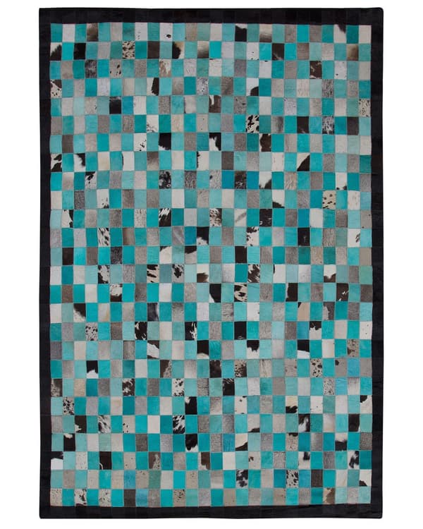 Gulvtæppe Blå Sort Grå Læder og Filt 160 x 230 cm Fladvævet Tæppe Patchwork Koskind Ternet Pixeleret Effekt Moderne Lædertæppe til Stuen