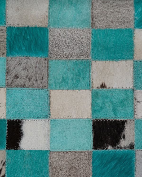 Gulvtæppe Blå Sort Grå Læder og Filt 160 x 230 cm Fladvævet Tæppe Patchwork Koskind Ternet Pixeleret Effekt Moderne Lædertæppe til Stuen