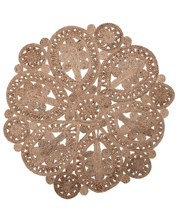 Gulvtæppe Beige Jute ø 120 cm Rund Rustik Løs Rug Blomstret Fladvævet Mønster Stue Indretning Entré Design Natur Inspireret