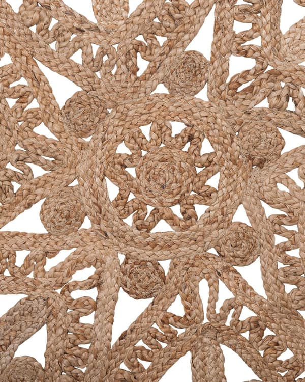 Gulvtæppe Beige Jute ø 120 cm Rund Rustik Løs Rug Blomstret Fladvævet Mønster Stue Indretning Entré Design Natur Inspireret