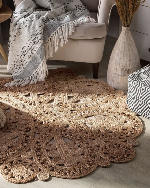 Gulvtæppe Beige Jute ø 120 cm Rund Rustik Løs Rug Blomstret Fladvævet Mønster Stue Indretning Entré Design Natur Inspireret