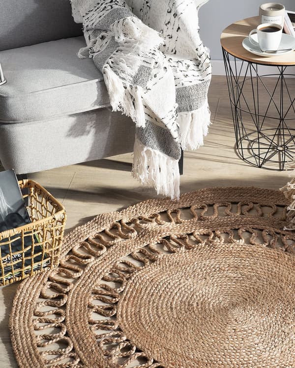 Gulvtæppe Beige Jute ø 120 cm Dekorativt Rundt Slidstærkt Fladvævet Natur Boho Inspireret Løs Tæppe til Stuen Pigeværelse Entré Indretning