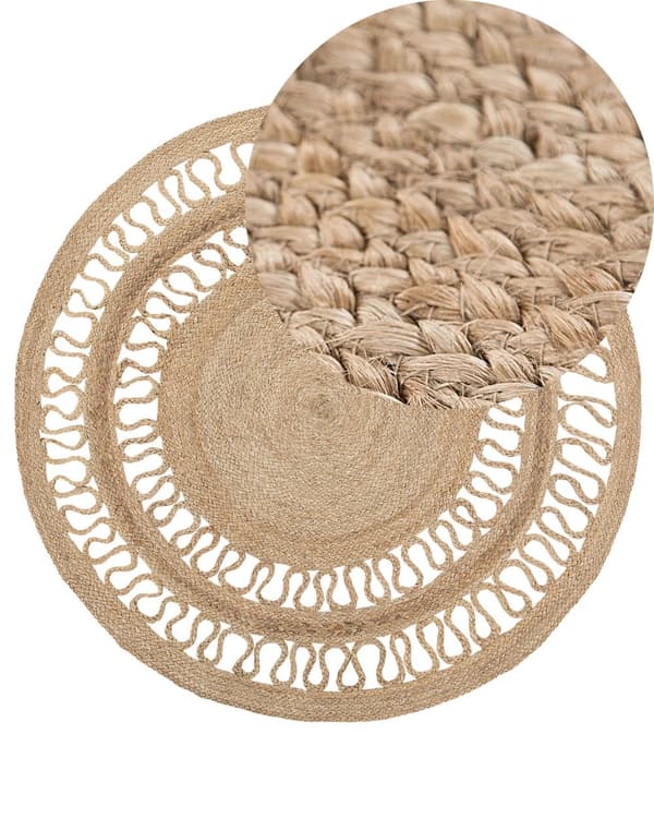 Gulvtæppe Beige Jute ø 120 cm Dekorativt Rundt Slidstærkt Fladvævet Natur Boho Inspireret Løs Tæppe til Stuen Pigeværelse Entré Indretning