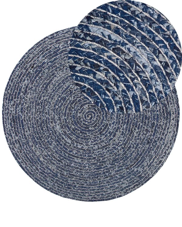 Gulvtæppe Blå Bomuld Syntetisk ø 140 cm Rund Løs Denim Patchwork Design Fladvævet til Stue Badeværelse Soveværelse Entré boho stil Vaskbart