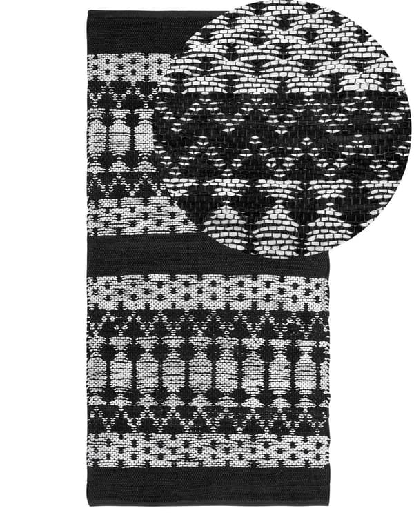 Sort og hvidt tæppe rektangulært 80x150 cm boho moderne læder naturligt bomuld