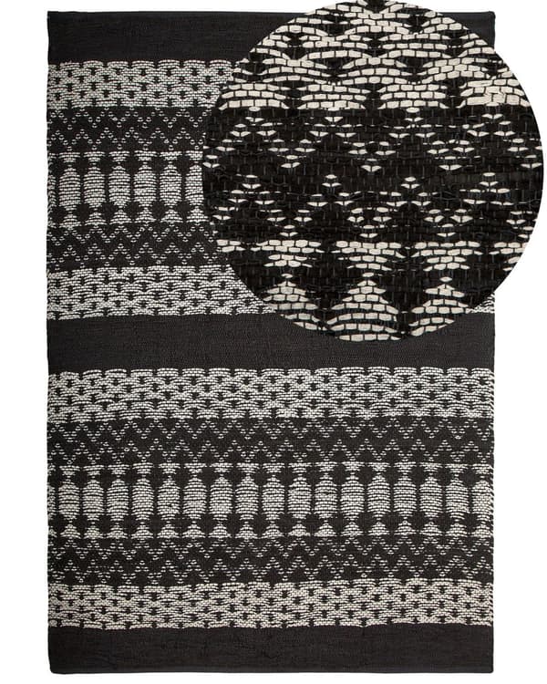 Sort og hvidt tæppe rektangulært 140x200 cm boho moderne læder naturligt bomuld