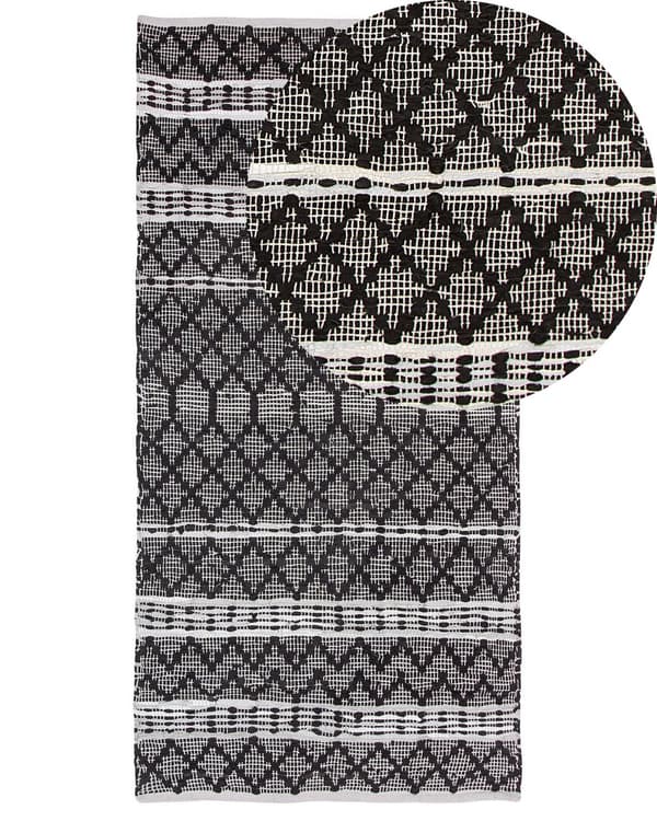 Gulvtæppe Beige Sort Læder og Bomuld 80 x 150 cm Dekorativ Moderne Fladvævet Håndlavet Tæppe til Soveværelse Stue Entré Boho Indretning