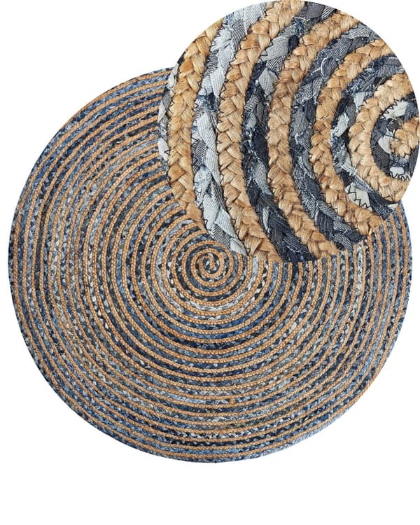 Gulvtæppe Beige Blå Bomuld Jute ø 140 cm Lille Rund Fladvævet Kludetæppe til Indendørs Entré Stue Værelse Tilbehør Design Tæppe