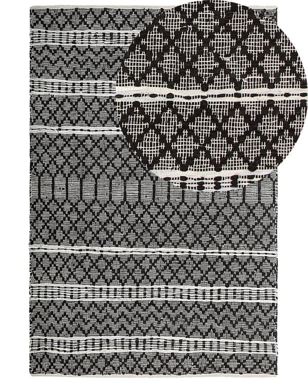 Matta Svart med Beige 140 x 200 cm Modern Samtida Äkta Läder Bomull Chevron Mönster