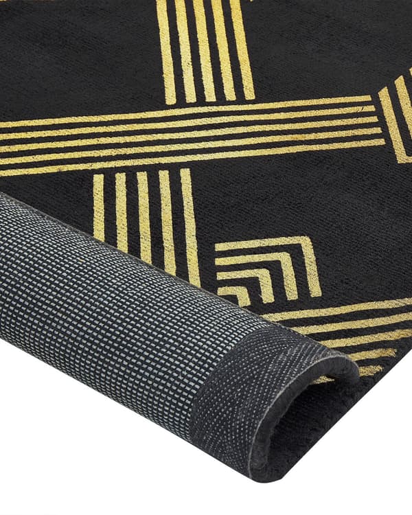 Matta Svart med Geometriskt Mönster i Guld Viskos med Bomull 160 x 230 cm Modern Glamstil Vardagsrum Sovrum