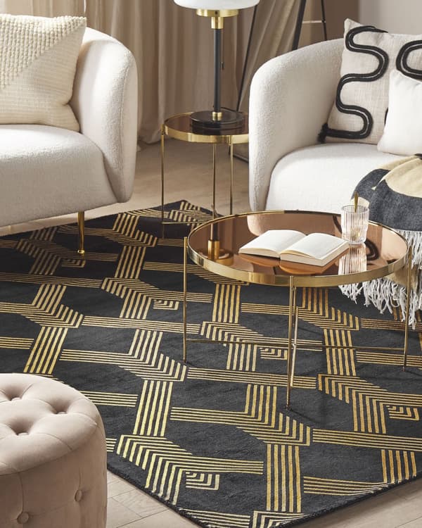 Matta Svart med Geometriskt Mönster i Guld Viskos med Bomull 160 x 230 cm Modern Glamstil Vardagsrum Sovrum