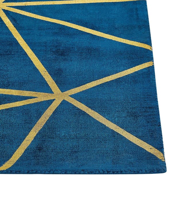 Matta Blå med Geometriskt Mönster i Guld Viskos med bomull 80 x 150 cm Handvävd Modern Glamstil