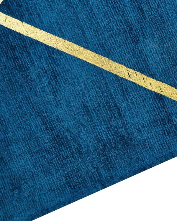 Matta Blå med Geometriskt Mönster i Guld Viskos med bomull 80 x 150 cm Handvävd Modern Glamstil