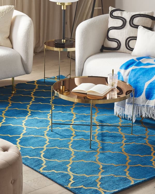 Matta Blå med Guld Quatrefoil Mönster Viskos med Bomull 140 x 200 cm Modern Glamstil