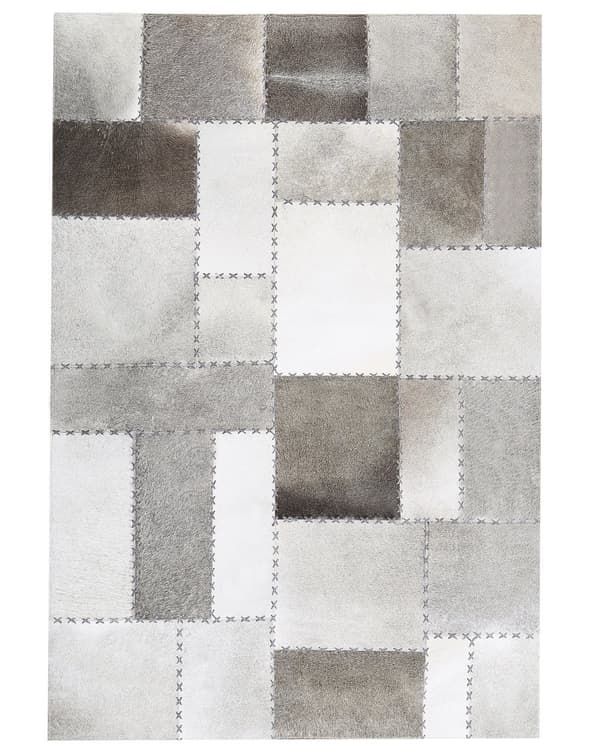 Matta Brun och Grå Kohud Läder 140 x 200 cm Handgjord Patchwork Vintage