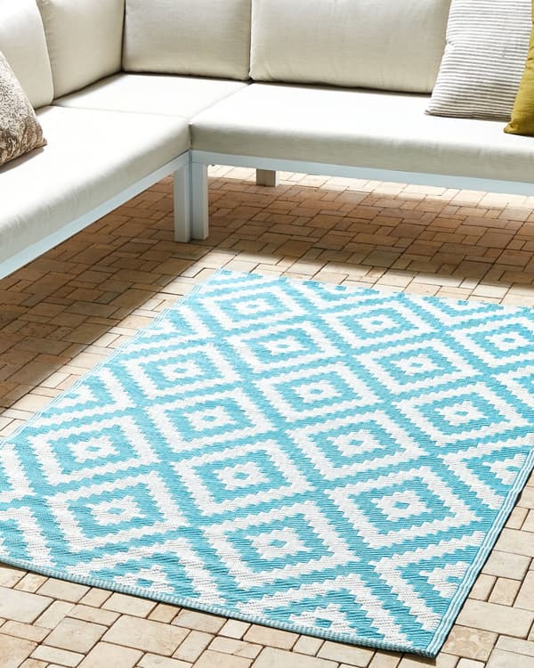 Ulkomatto sininen 120 x 180 cm terassi patio parveke geometrinen kuviollinen ympäristöystävällinen moderni tyyli