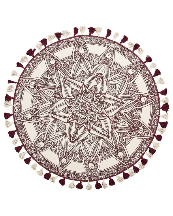 Matto kermanvalkoinen punainen puuvilla ⌀ 120 cm itämainen kuvio käsintehty tupsut boho tyyli