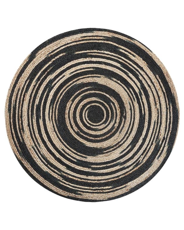 Matto beige musta juutti ⌀ 140 cm punottu abstrakti kuvio pyöreä boho rustiikkinen tyyli