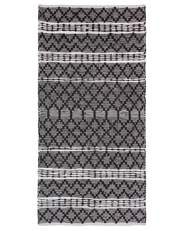 Matto beige musta nahka puuvilla 80 x 150 cm käsintehty kalanruotokuvio boho tyyli