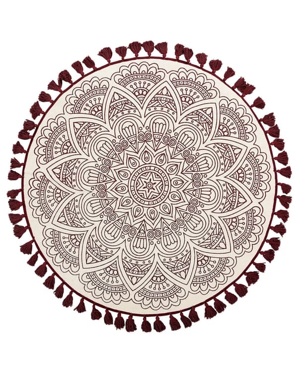 Matto kermanvalkoinen punainen puuvilla ⌀ 120 cm käsintehty itämainen kuvio tupsuilla boho tyyli