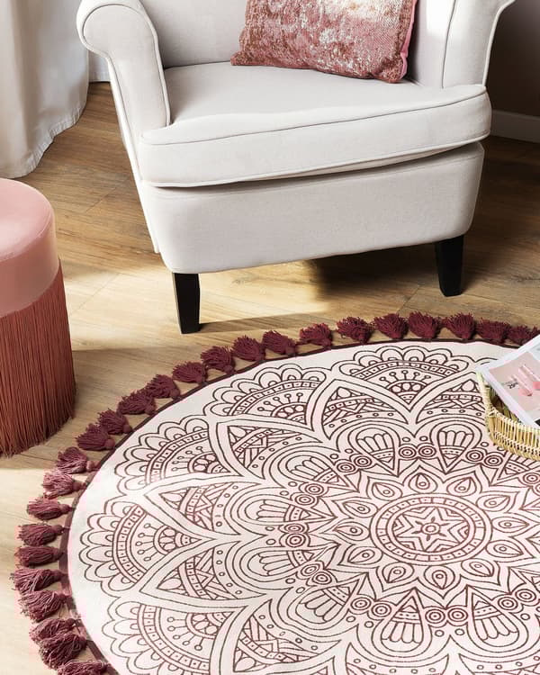 Matto kermanvalkoinen punainen puuvilla ⌀ 120 cm käsintehty itämainen kuvio tupsuilla boho tyyli