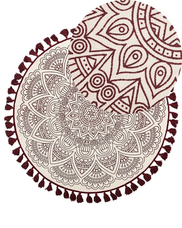 Matto kermanvalkoinen punainen puuvilla ⌀ 120 cm käsintehty itämainen kuvio tupsuilla boho tyyli