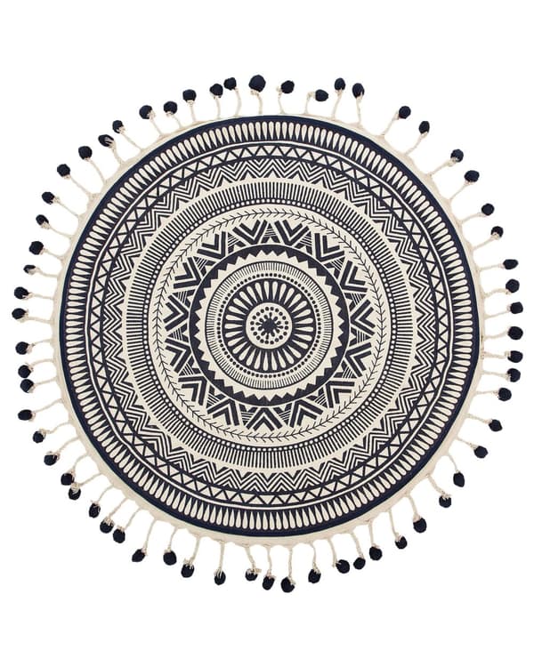 Matto kermanvalkoinen laivastonsininen puuvilla ⌀ 120 cm itämainen kuvio käsintehty tupsut boho tyyli