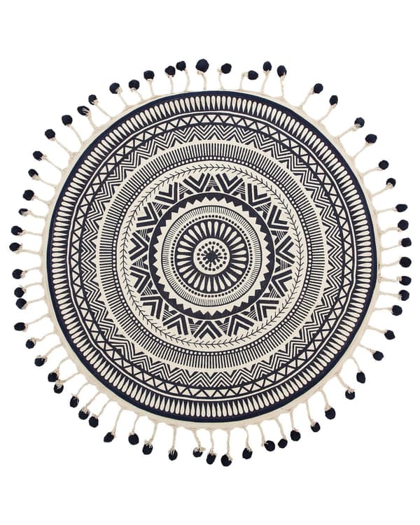 Matto kermanvalkoinen laivastonsininen puuvilla ⌀ 120 cm itämainen kuvio käsintehty tupsut boho tyyli