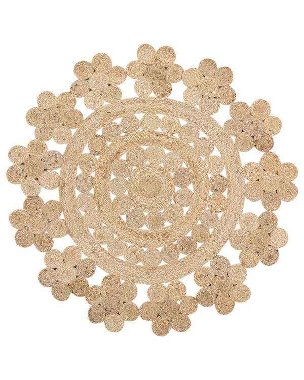 Matto beige juutti ⌀ 120 cm punottu pyöreä geometrinen kuvio lattialämmitykseen boho tyyli