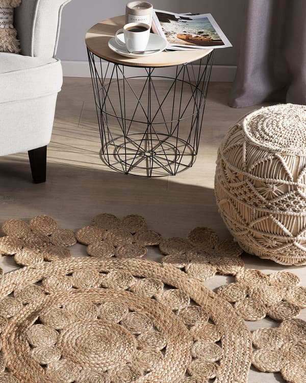 Matto beige juutti ⌀ 120 cm punottu pyöreä geometrinen kuvio lattialämmitykseen boho tyyli