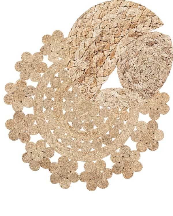 Matto beige juutti ⌀ 120 cm punottu pyöreä geometrinen kuvio lattialämmitykseen boho tyyli