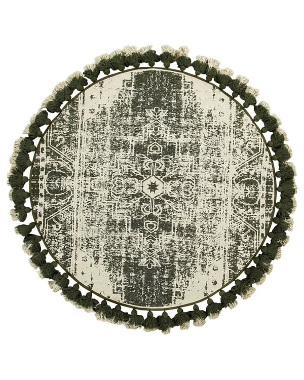 Matto kermanvalkoinen vihreä puuvilla ⌀ 120 cm tupsuilla itämainen kuvio käsintehty boho tyyli