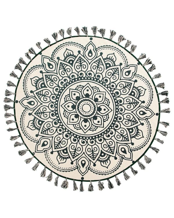 Matto kermanvalkoinen vihreä puuvilla ⌀ 120 cm käsintehty itämainen kuvio tupsuilla boho tyyli