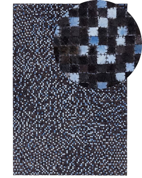 Matta Brun och Blå Äkta Koskinn Läder Rektangulär 160 x 230 cm Lappmönster Boho Dekor